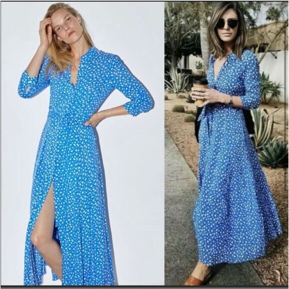 Blogger Favorite Zara The Marilyn Blue Polka Dot Button Down Shirt Maxi Dress - Picture 2 of 9